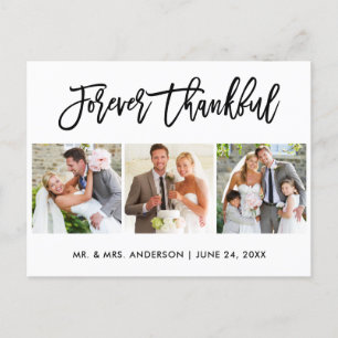 Brush Script Forever Thankful 3 Photo Wedding Postcard