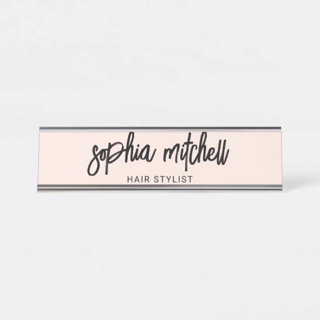 Brush Script Girly Blush Pink Desk Name Plate (Front)
