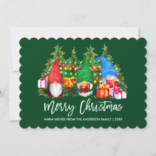 Brush Script Gnomes Christmas Lights Green Holiday Card