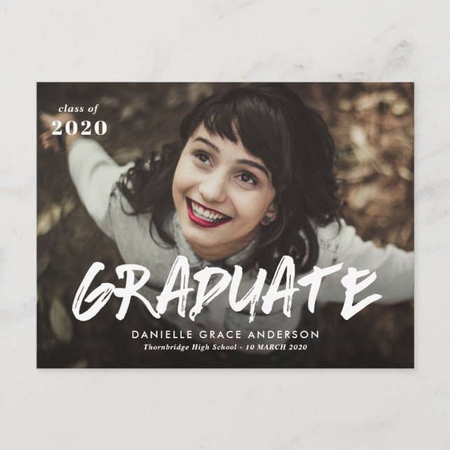 Brush script graduation announcement & invitation postcard (Front)