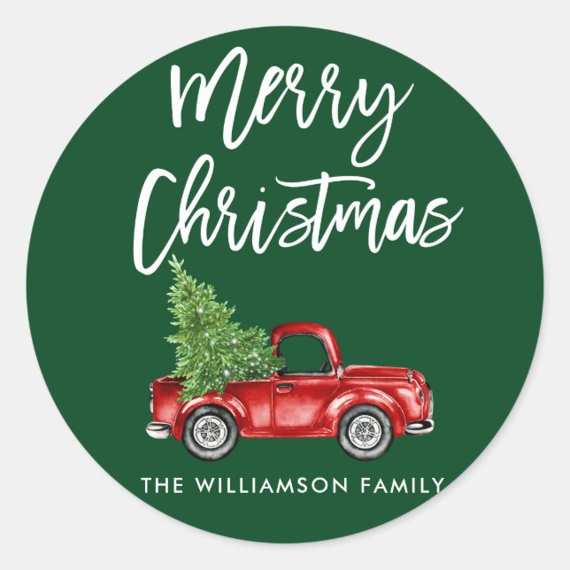 Brush Script Green Christmas Truck Envelope Seal (Front)