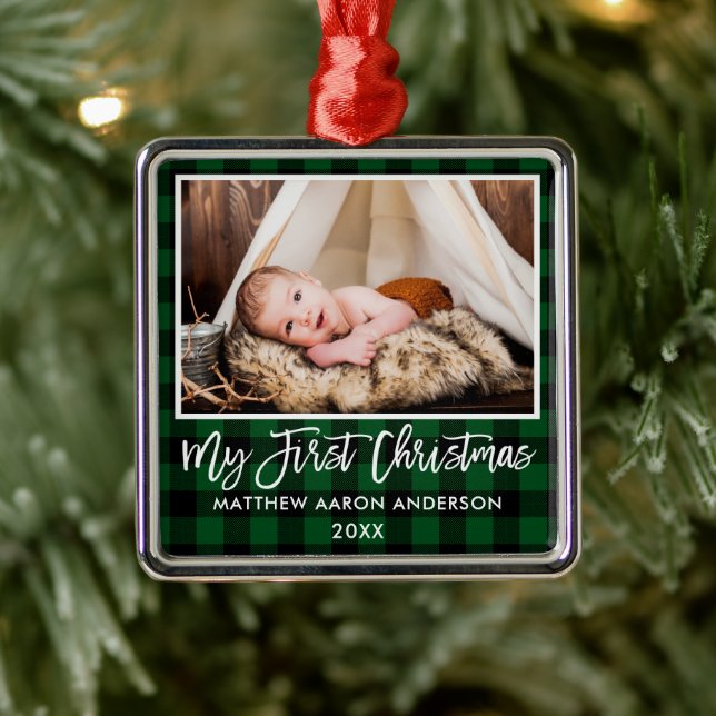 Brush Script Green Plaid Baby First Christmas Metal Tree Decoration (Tree)
