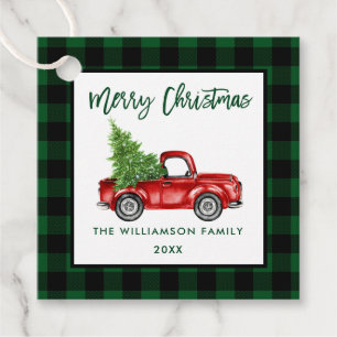Brush Script Green Plaid Christmas Vintage Truck Favour Tags