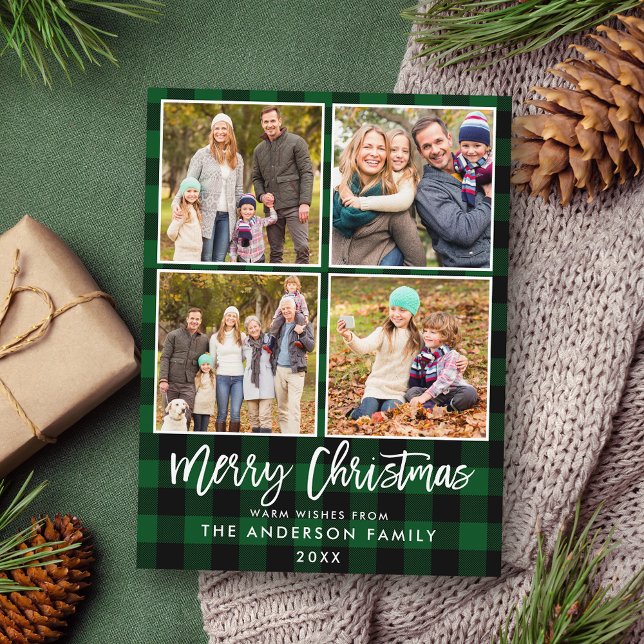 Brush Script Green Plaid Family 4 Photo Christmas Postcard (Customize to change your personalized text size or text style.)