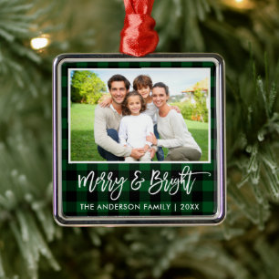 Brush Script Green Plaid Merry and Bright Family Metal Tree Decoration