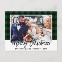 Brush Script Green Plaid Wedding Photo Christmas