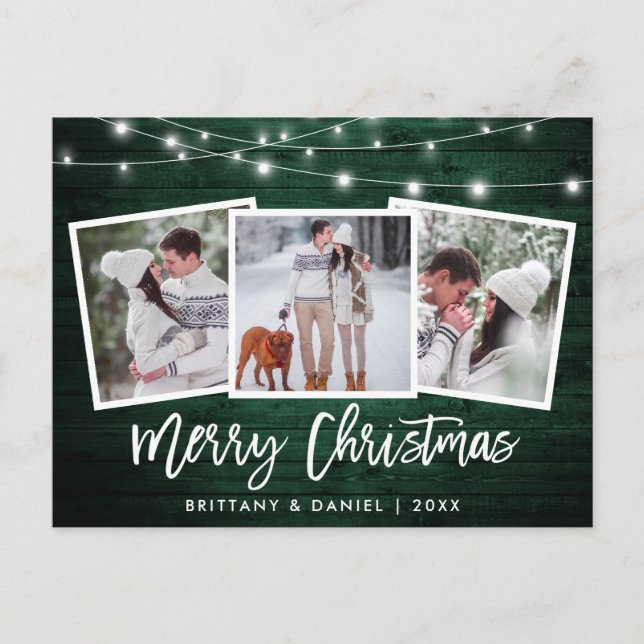 Brush Script Green Wood Lights 3 Photo Christmas Postcard (Front)