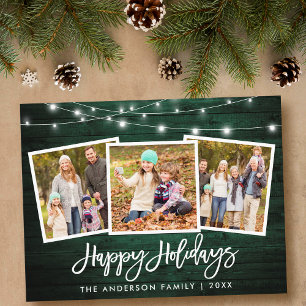 Brush Script Green Wood Lights Holiday 3 Photo Postcard