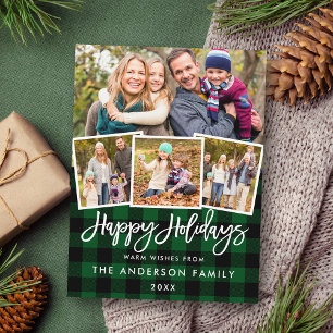 Brush Script Happy Holidays 4 Photo Green Plaid Postcard