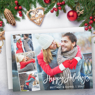 Brush Script Happy Holidays Couple 4 Photo Holiday Card