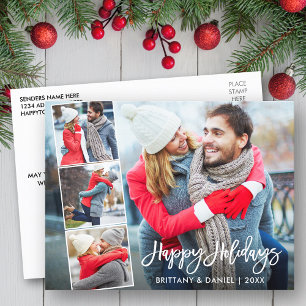 Brush Script Happy Holidays Couple 4 Photo Postcard