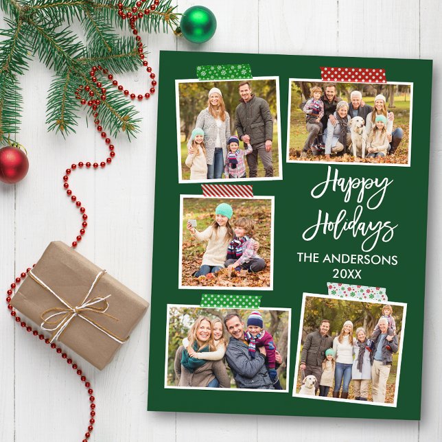 Brush Script Happy Holidays Craft Tape Green Postcard (Customize to change your personalized text size or text style.)