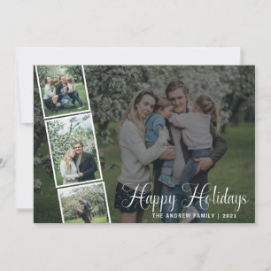 Brush Script Happy Holidays Family 4 Photo Overlay Holiday Card