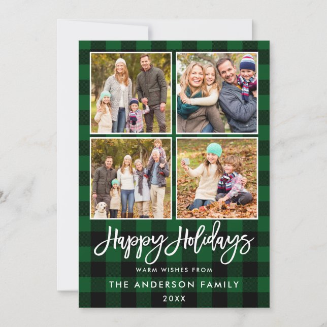 Brush Script Happy Holidays Green Plaid 4 Photo Holiday Card (Front)