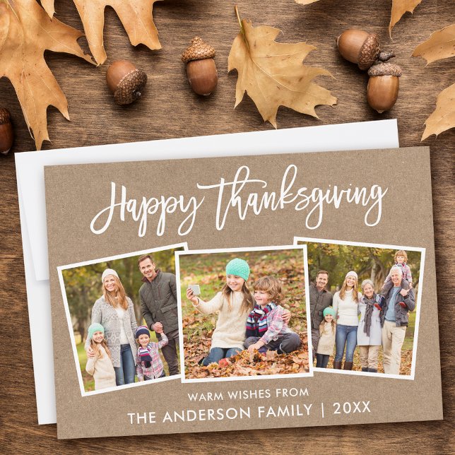 Brush Script Happy Thanksgiving Kraft 3 Photo Holiday Card (Customize to add text or more photos to back of card.)