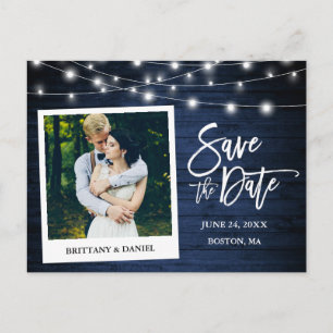 Brush Script Instant Photo Blue Wood Save The Date Postcard
