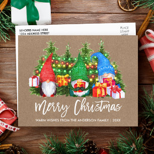 Brush Script Kraft Christmas Lights Gnomes Postcard