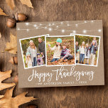 Brush Script Kraft Lights 3 Photo Thanksgiving Postcard<br><div class="desc">Rustic Brush Script 3 Photo Family Kraft Happy Thanksgiving Card with String Lights</div>