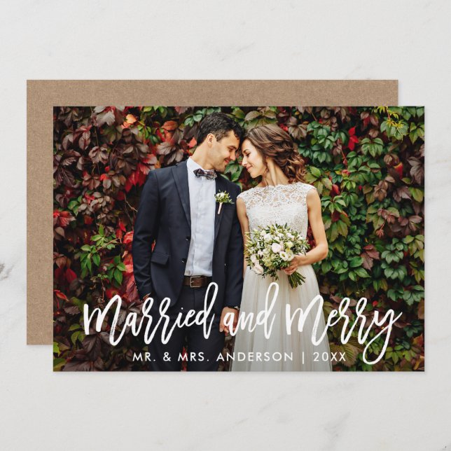 Brush Script Kraft Married & Merry Christmas Card (Front/Back)