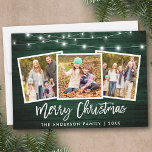 Brush Script Lights Green Wood 3 Photo Christmas Holiday Card<br><div class="desc">Rustic Green Wood Brush Script 3 Photo Family Merry Christmas Card with String Lights</div>