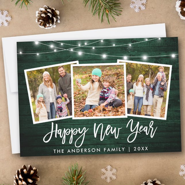 Brush Script Lights Green Wood 3 Photo New Year Holiday Card (Customize to add text to back of card.)