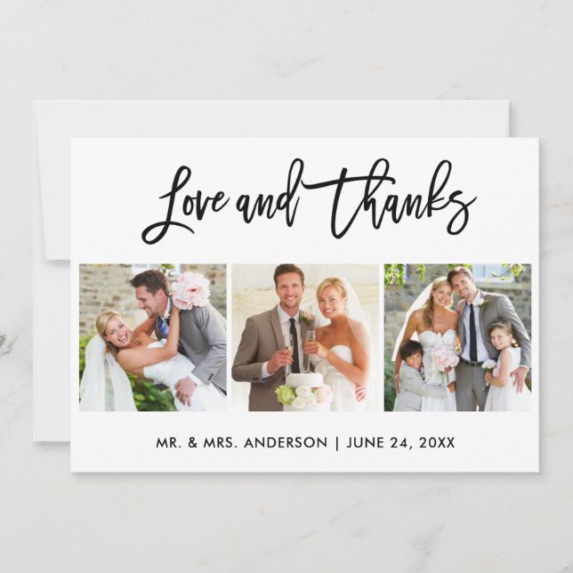 Brush Script Love and Thanks 3 Photo Wedding Thank You Card (Front)