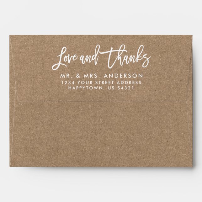 Brush Script Love and Thanks Kraft Style Wedding Envelope (Back (Top Flap))