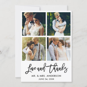 Brush Script Love and Thanks Wedding 4 Photo Thank You Card