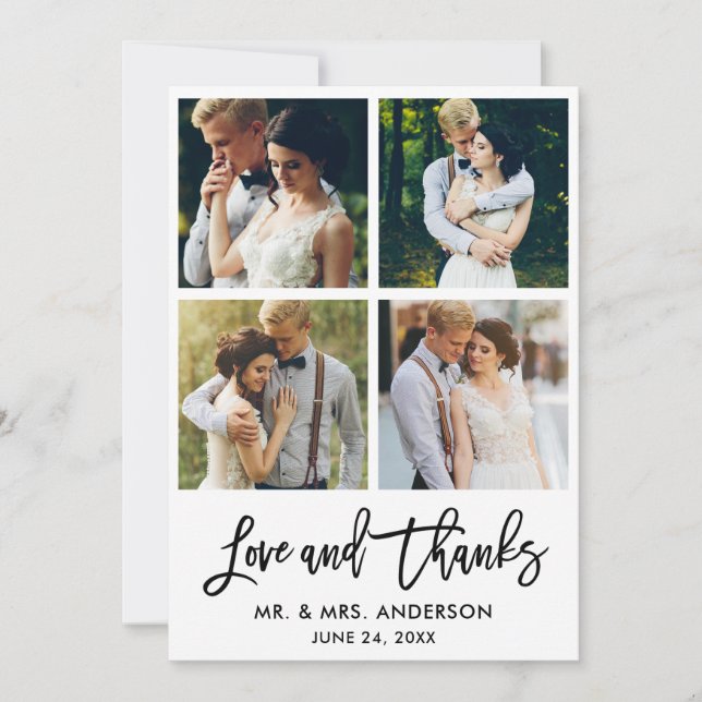 Brush Script Love and Thanks Wedding 4 Photo Thank You Card (Front)