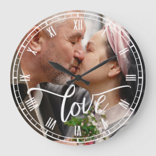 Brush Script Love Custom Photo Roman Numbers Large Clock