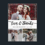 Brush Script Love & Thanks Wedding Collage Announcement Postcard<br><div class="desc">Say thank you to your wedding guest with this lovely thank you card where you can add three gorgeous photos from your wedding. Love and thanks is written in a charming brush script. Add your names and,  on the back,  a personal message to your guest.</div>