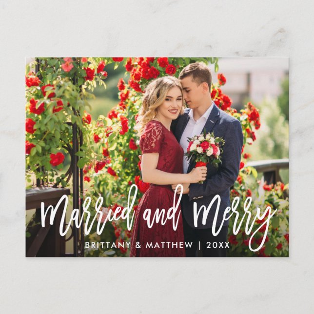 Brush Script Married & Merry Photo Christmas Postcard (Front)