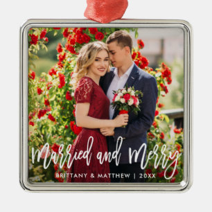 Brush Script Married & Merry Photo Wedding Square Metal Tree Decoration
