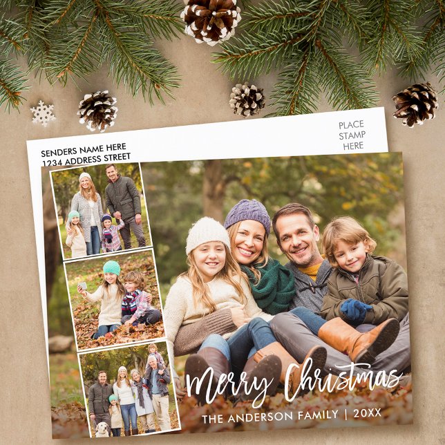 Brush Script Merry Christmas Family 4 Photo Postcard (Customize to change your personalized text size or text style.)