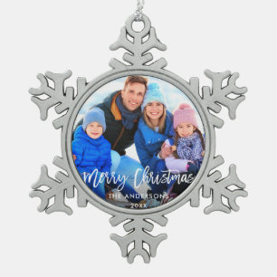 Brush Script Merry Christmas Family Photo Snowflake Pewter Christmas Ornament