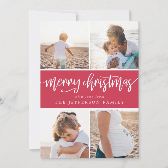 Brush Script Merry Christmas Photo Collage Holiday Card (Front)