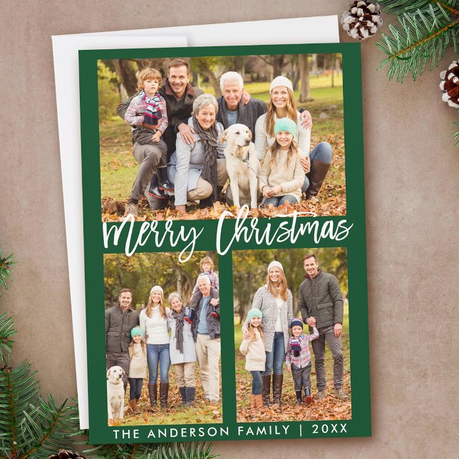 Brush Script Merry Christmas Photo Green Holiday Card (Customize to add text to back of card.)