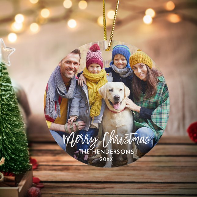 Brush Script Merry Christmas Photo Red Back Ceramic Tree Decoration (Customize to change your personalized text size or text style.)