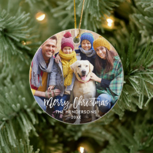 Brush Script Merry Christmas Photo Red Back Ceramic Tree Decoration