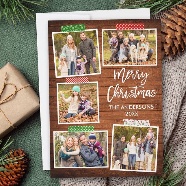 Brush Script Merry Christmas Wood Craft Tape Holiday Card (Customize to add text or more photos to back of card.)