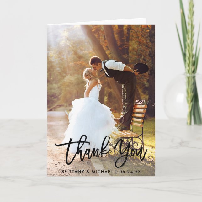 Brush Script Modern Wedding Photo Folded Thank You Card (Front)