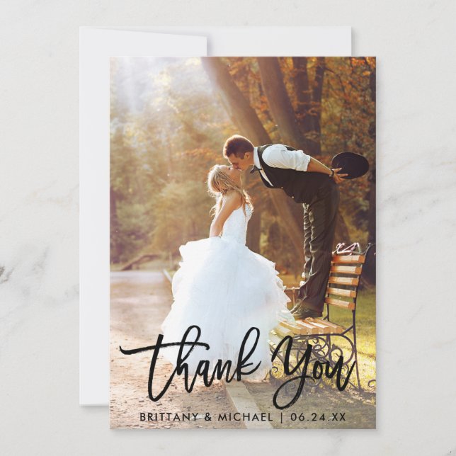 Brush Script Modern Wedding Photo Thank You Card (Front)