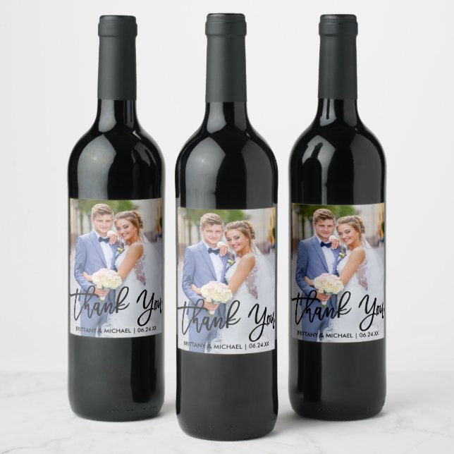 Brush Script Modern Wedding Thank You Photo Wine Label (Bottles)
