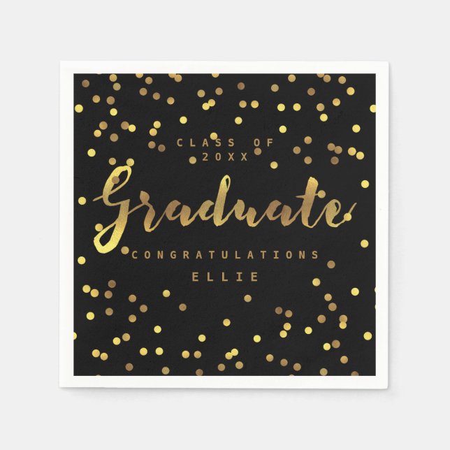 Brush Script Personalised Gold Foil Confetti Black Napkin (Front)