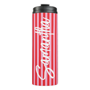 Brush Script Personalised Pink and Red Stripes Thermal Tumbler
