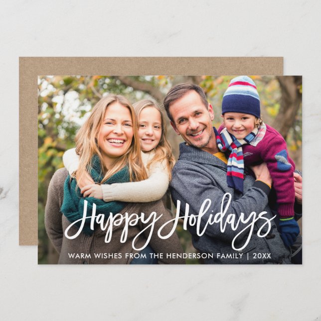 Brush Script Photo Happy Holidays Card Kraft (Front/Back)