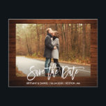 Brush Script Photo Rustic Wood Save The Date Postcard<br><div class="desc">Modern Brush Script,  Rustic Wood Save The Date Engagement Couple Photo Postcard</div>