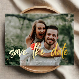 Brush Script Photo Wedding Save The Date Foil Invitation Postcard