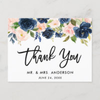 Brush Script Pink Blue Floral Wedding Thank You