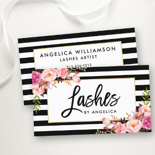 Brush Script Pink Floral Lashes Striped Business Card